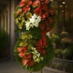 تاج گل فلزی دو طبقه با گل آنتریوم و لیلیوم سفید | کد 100