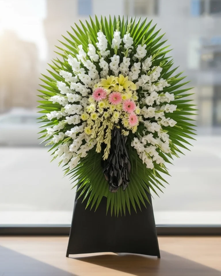 تاج گل یک‌طبقه با گل گلایل، ژربرا و لیلیوم | کد 301