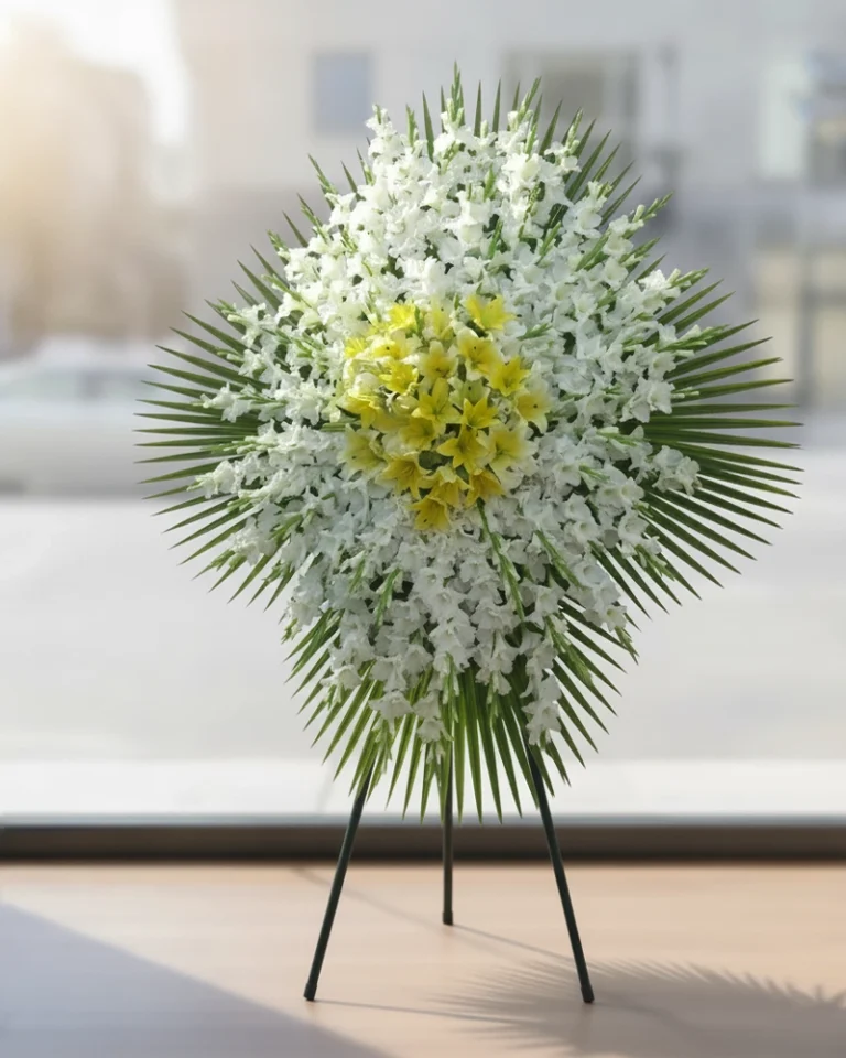 تاج گل فلزی یک‌طبقه ترحیم با گل گلایل و لیلیوم | کد 109